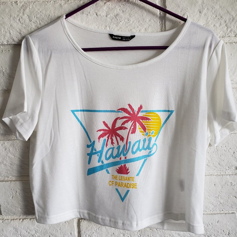 NEW Hawaii Cropped Tshirt Tropical & Letter Graphic Drop Shoulder Tee Sz…